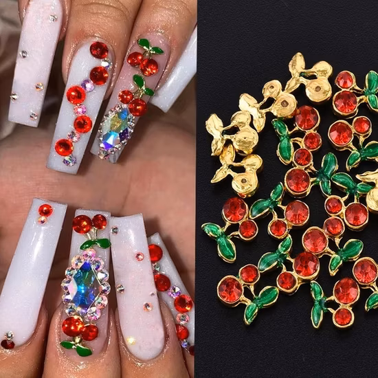 10 pz/lotto decorazioni per unghie ciliegia cristalli rossi resina 3D lega accessori per nail art strass